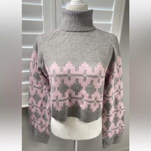 NEW H&M Jacquard Gray & Pink Fair Isle Turtleneck Sweater Women’s S Cropped